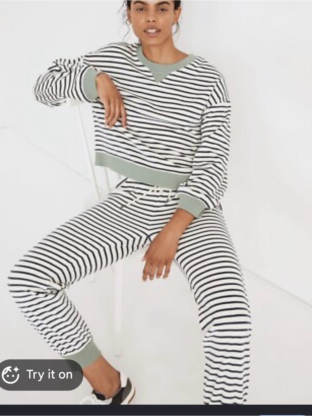 Madewell Striped Black & White Sweatshirt with Sage Trim